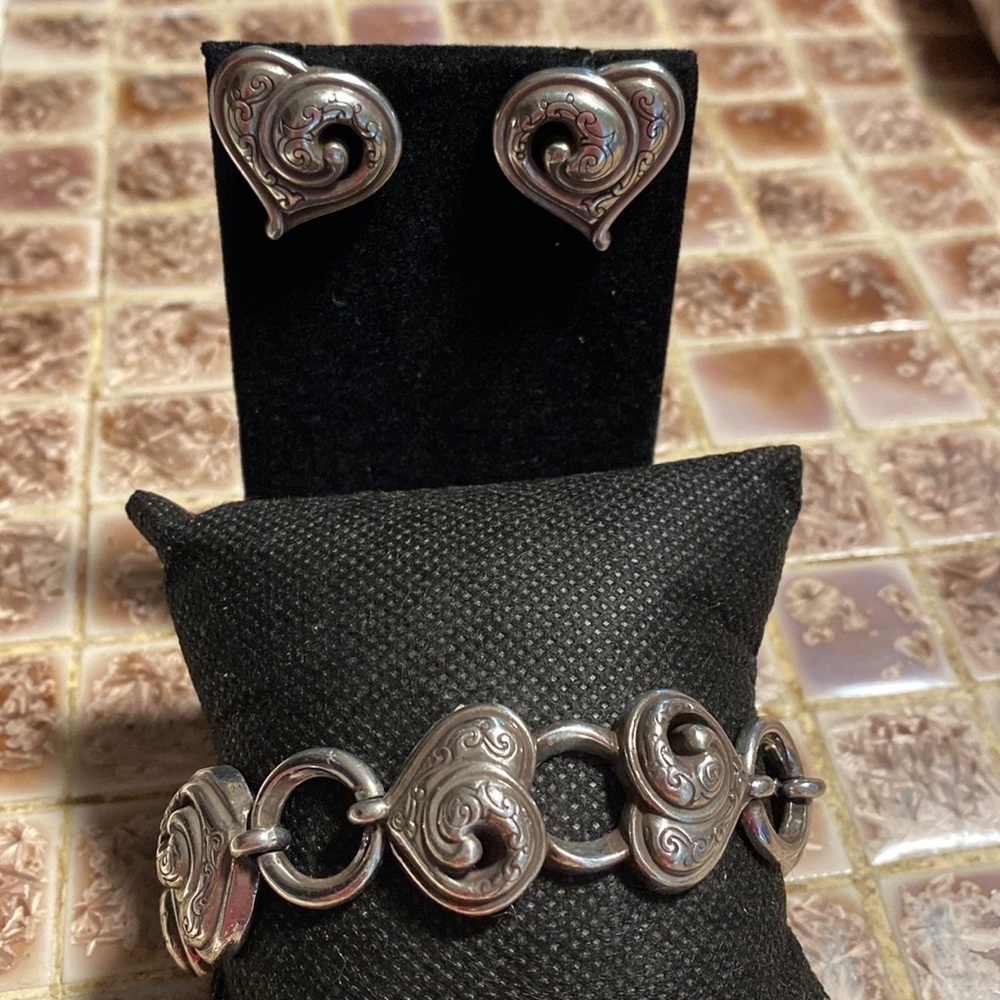 BRIGHTON vintage silver‎ Penelope Heart Swirl post earrings and bracelet set